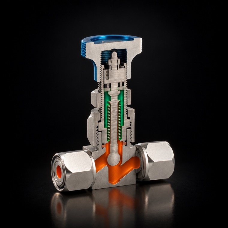 Cut-away view of a tritium-compatible bellows valve