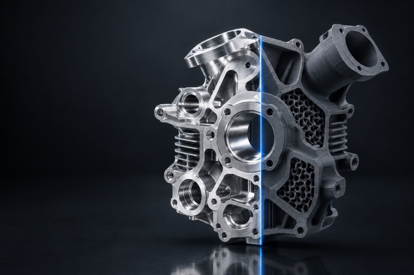 One part, machined on the left half and additively manufactured on the right half