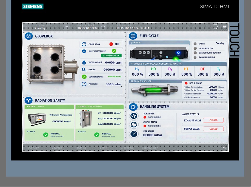Touch panel with the smolsys operator interface: glove box, fuel cycle, radiation safety and handling system on one screen