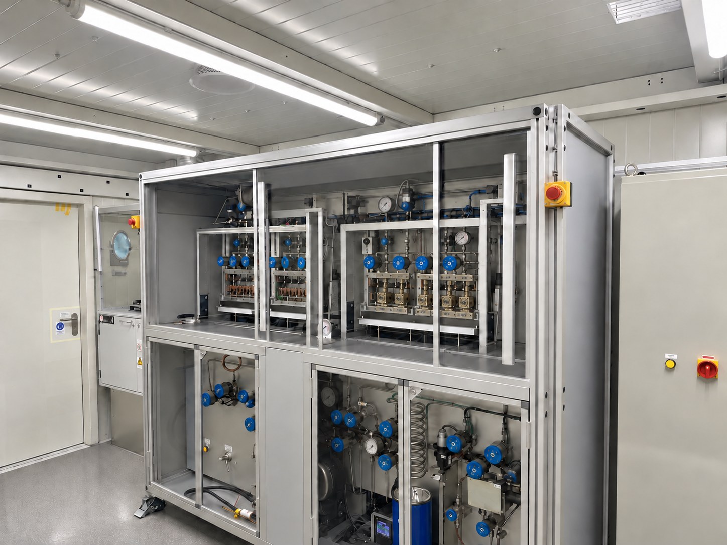 Gas handling skid in an aluminium frame inside a laboratory container: valve panels behind safety glass, emergency stop and main switch on the frame