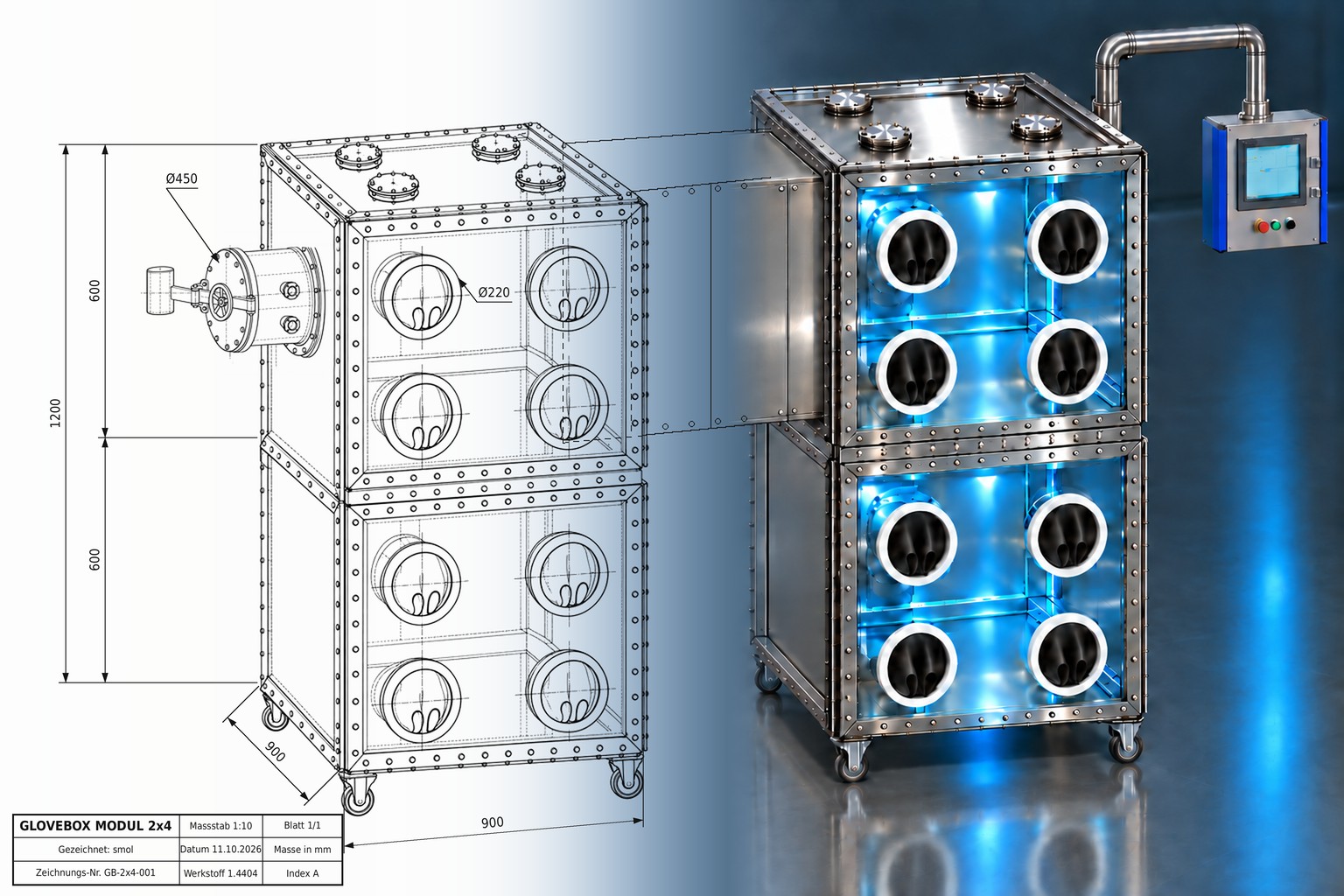 smolsys inert gas glove box, module 2x4: technical drawing with dimensions on the left, the finished stacked box with eight glove ports, HMI panel and exhaust duct on the right