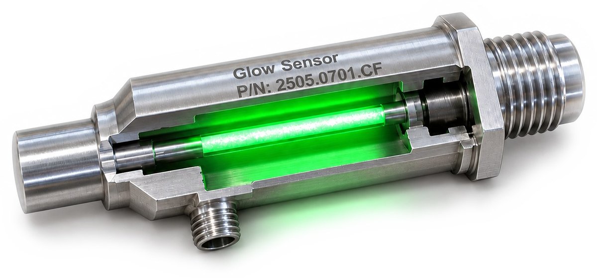 Cut-away view of the smolsys Glow Sensor 2505.0701.CF with the green scintillation glow inside