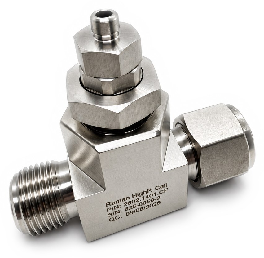 The high pressure cell with face seal fittings, engraved Raman High-P Cell